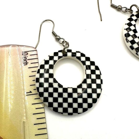 Black and white check circle drop earrings - Picture 3 of 5